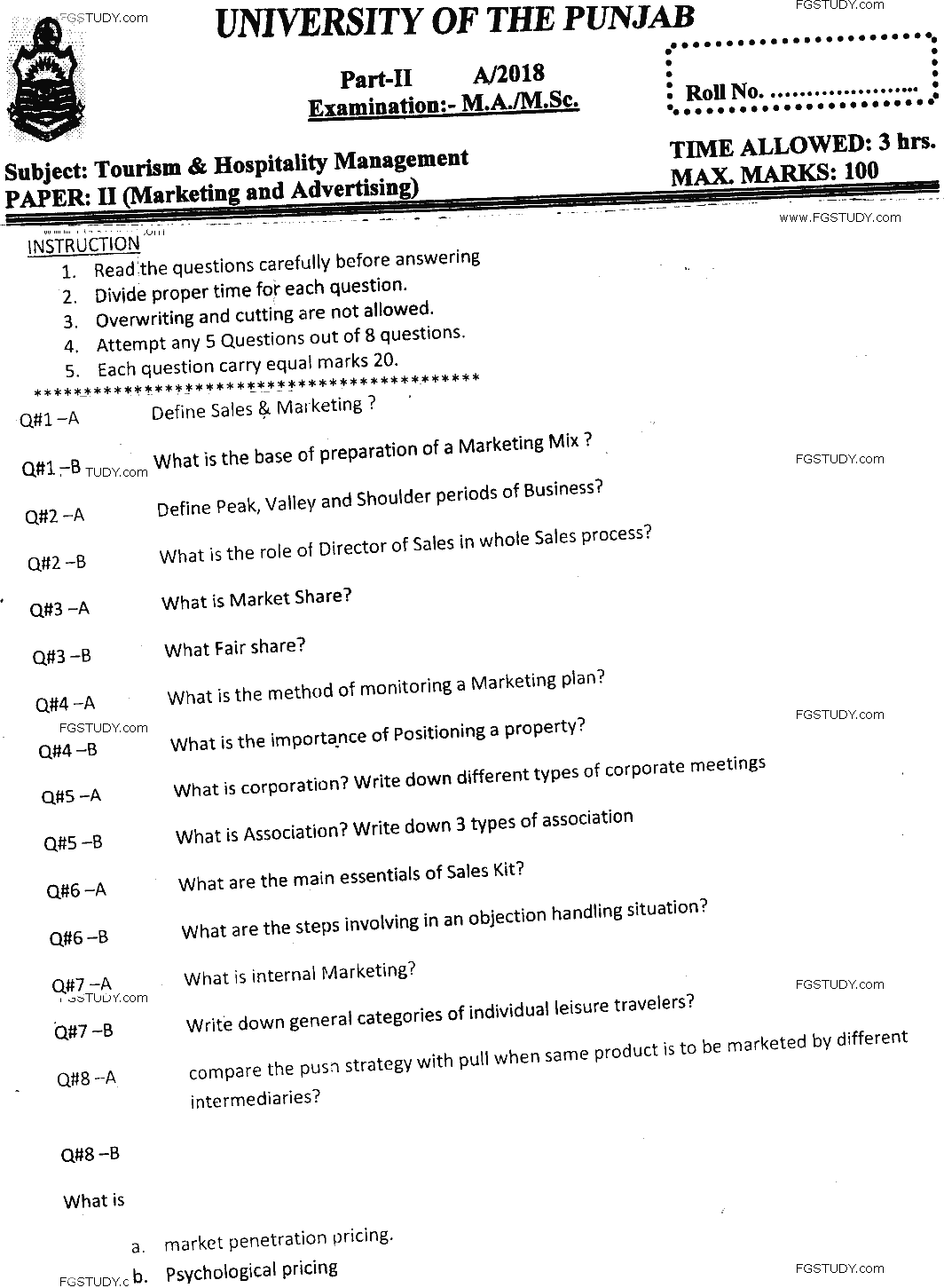 MSc Part 2 Tourism And Hospitality Management Marketing And Advertising Past Paper 2018 Punjab University Subjective