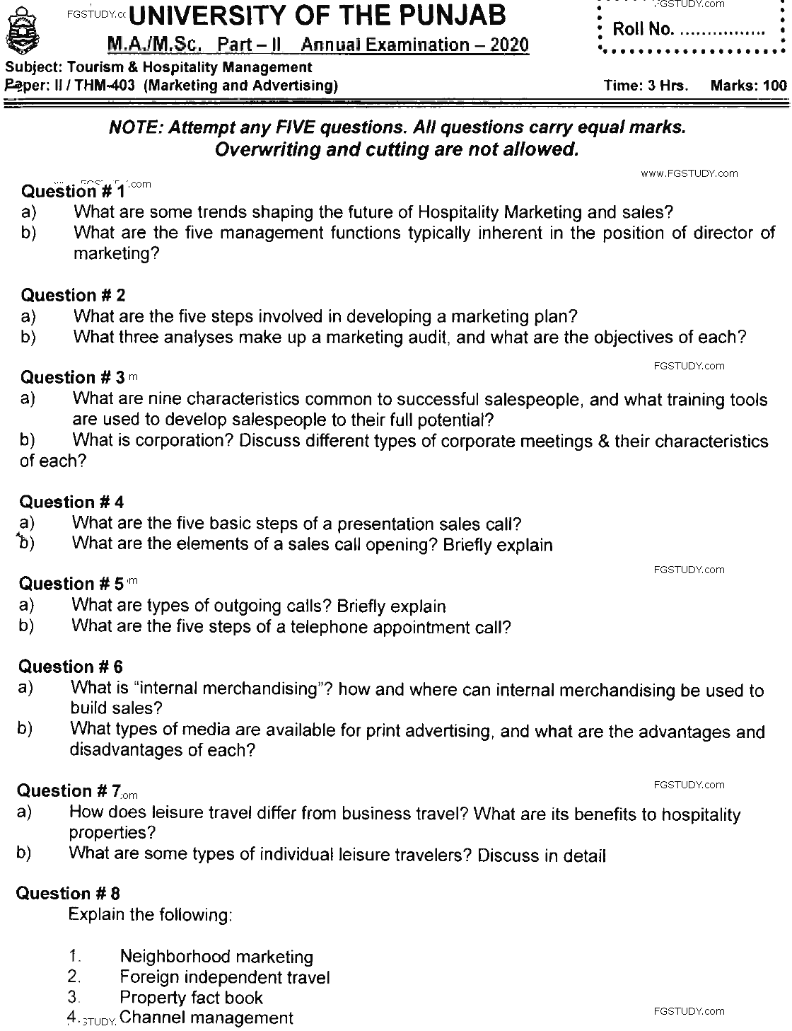 MSc Part 2 Tourism And Hospitality Management Marketing And Advertising Past Paper 2020 Punjab University Subjective