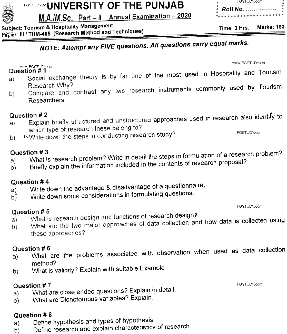 MSc Part 2 Tourism And Hospitality Management Research Method And Techniques Past Paper 2020 Punjab University Subjective