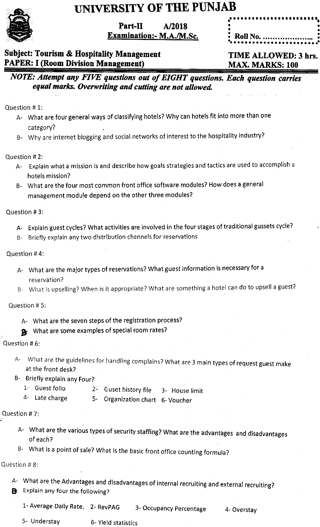MSc Part 2 Tourism And Hospitality Management Room Division Management Past Paper 2018 Punjab University Subjective