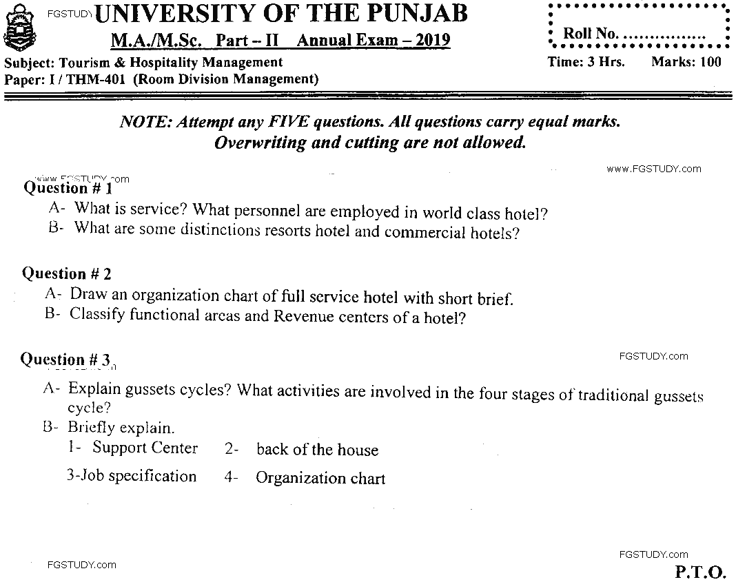 MSc Part 2 Tourism And Hospitality Management Room Division Management Past Paper 2019 Punjab University Subjective