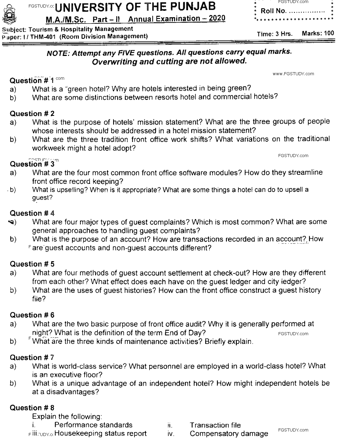 MSc Part 2 Tourism And Hospitality Management Room Division Management Past Paper 2020 Punjab University Subjective