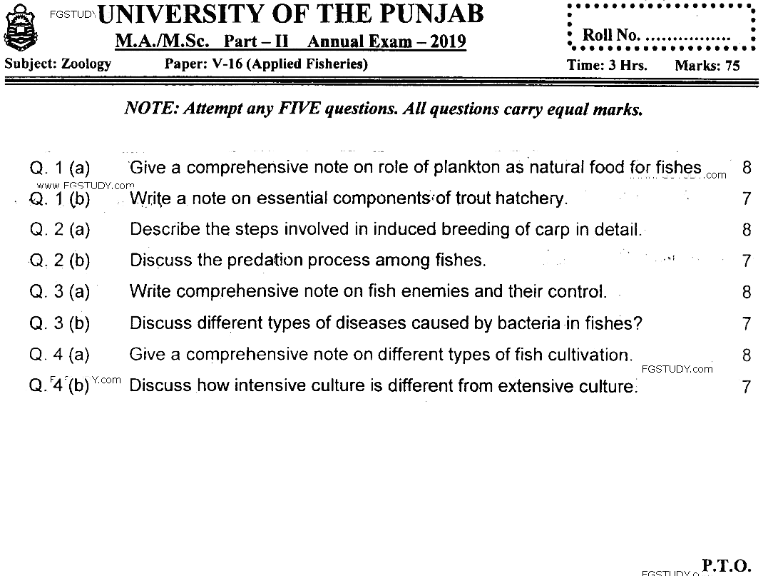 MSc Part 2 Zoology Applied Fisheries Past Paper 2019 Punjab University Subjective