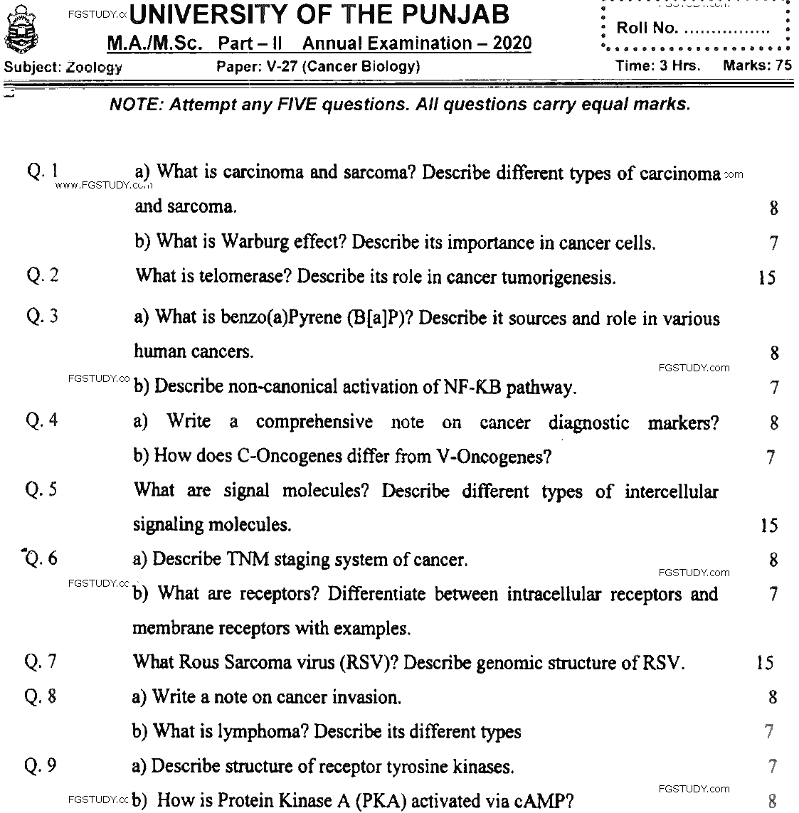 MSc Part 2 Zoology Cancer Biology Past Paper 2020 Punjab University Subjective