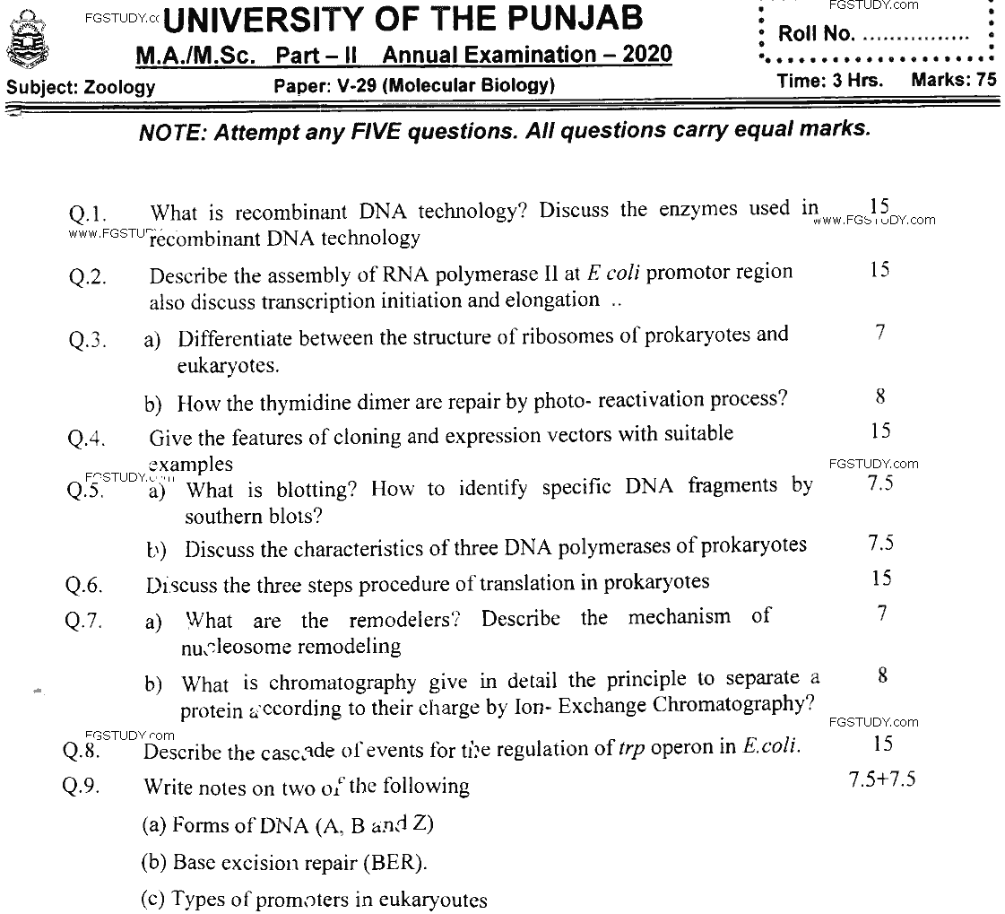 MSc Part 2 Zoology Cell And Molecular Biology Past Paper 2020 Punjab University Subjective