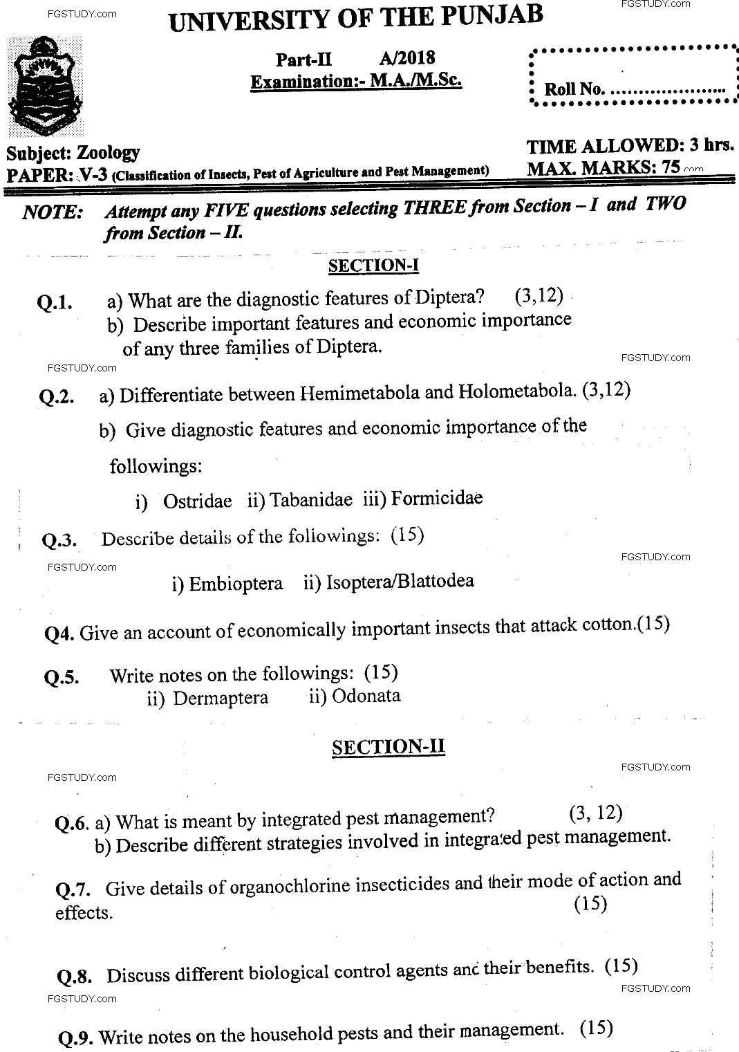 MSc Part 2 Zoology Classification Insects Pest Agriculture Pest Management Past Paper 2018 Punjab University Subjective