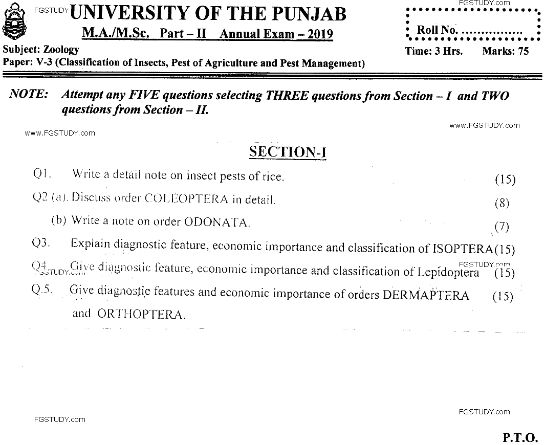 MSc Part 2 Zoology Classification Insects Pest Agriculture Pest Management Past Paper 2019 Punjab University Subjective