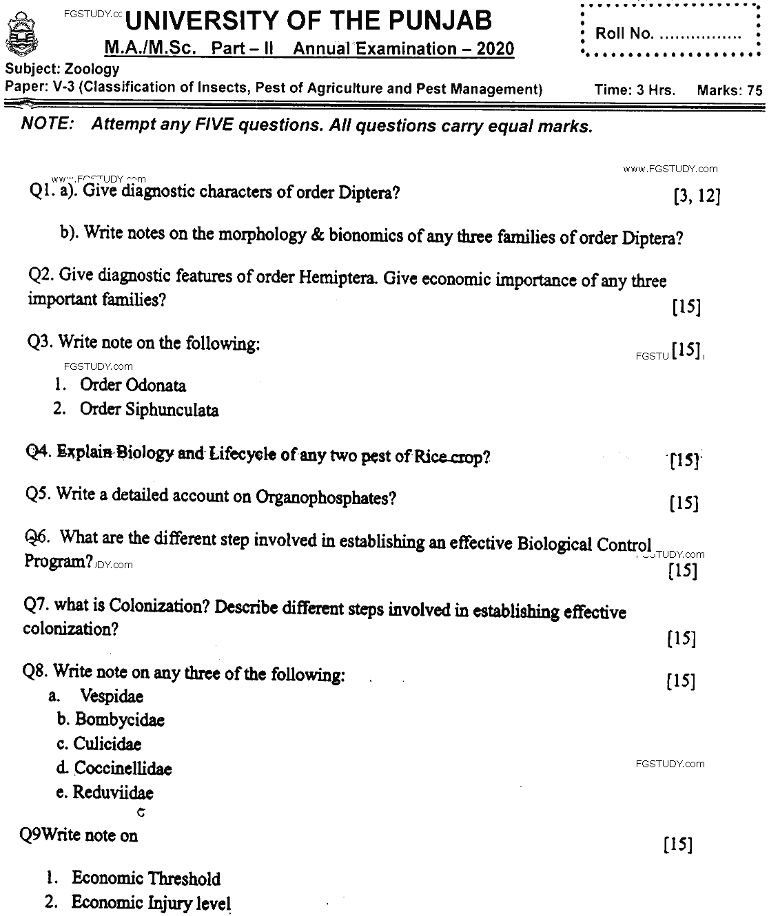 MSc Part 2 Zoology Classification Insects Pest Agriculture Pest Management Past Paper 2020 Punjab University Subjective