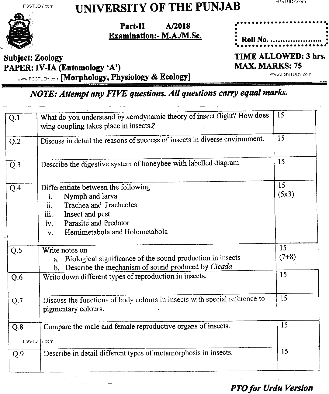 MSc Part 2 Zoology Entomology A Morphology Phsiology And Ecology Past Paper 2018 Punjab University Subjective