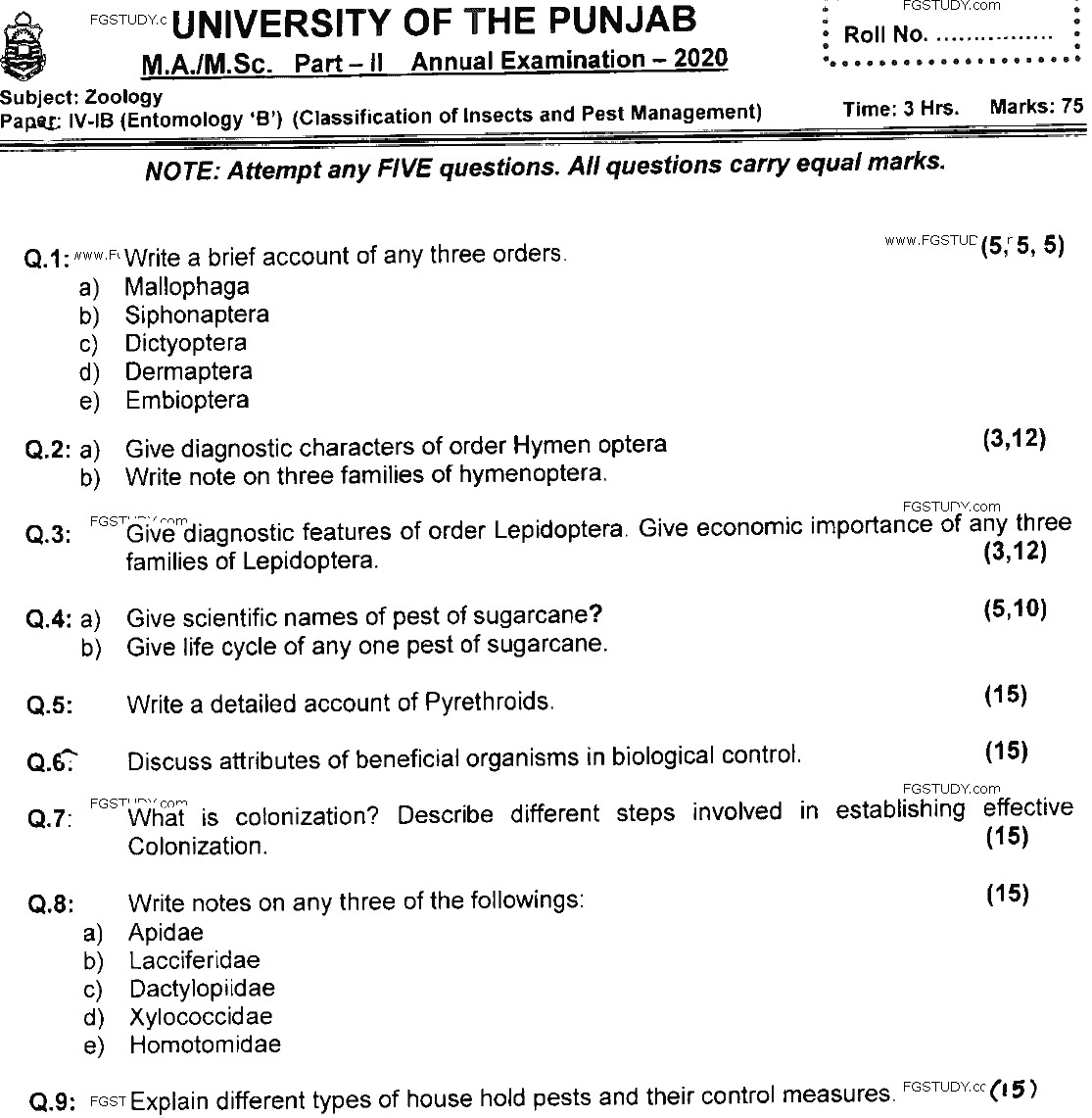MSc Part 2 Zoology Entomology B Classifucation Of Insects And Pest Management Past Paper 2020 Punjab University Subjective