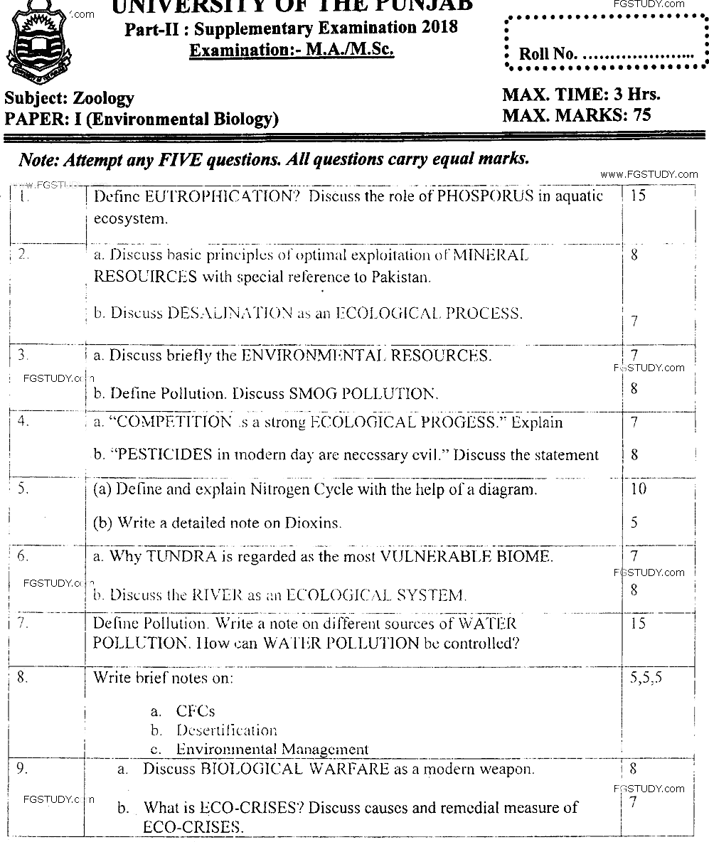 MSc Part 2 Zoology Environmental Biology Past Paper 2018 Punjab University Subjective