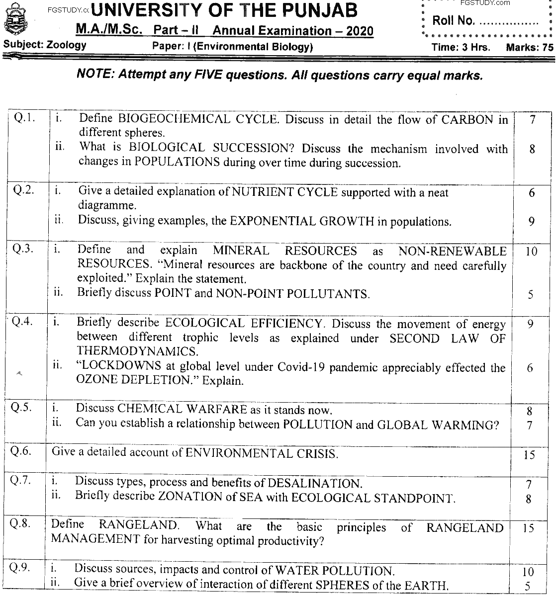 MSc Part 2 Zoology Environmental Biology Past Paper 2020 Punjab University Subjective
