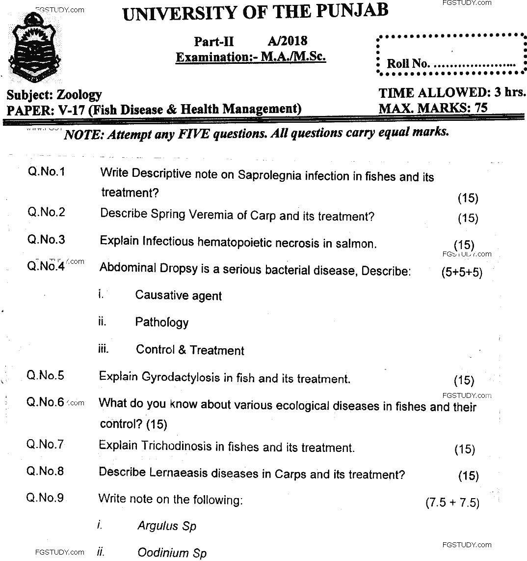 MSc Part 2 Zoology Fish Disease And Health Management Past Paper 2018 Punjab University Subjective