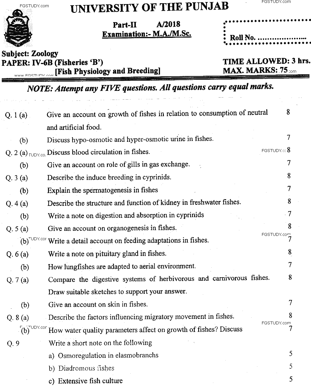 MSc Part 2 Zoology Fish Physiology And Breeding Past Paper 2018 Punjab University Subjective