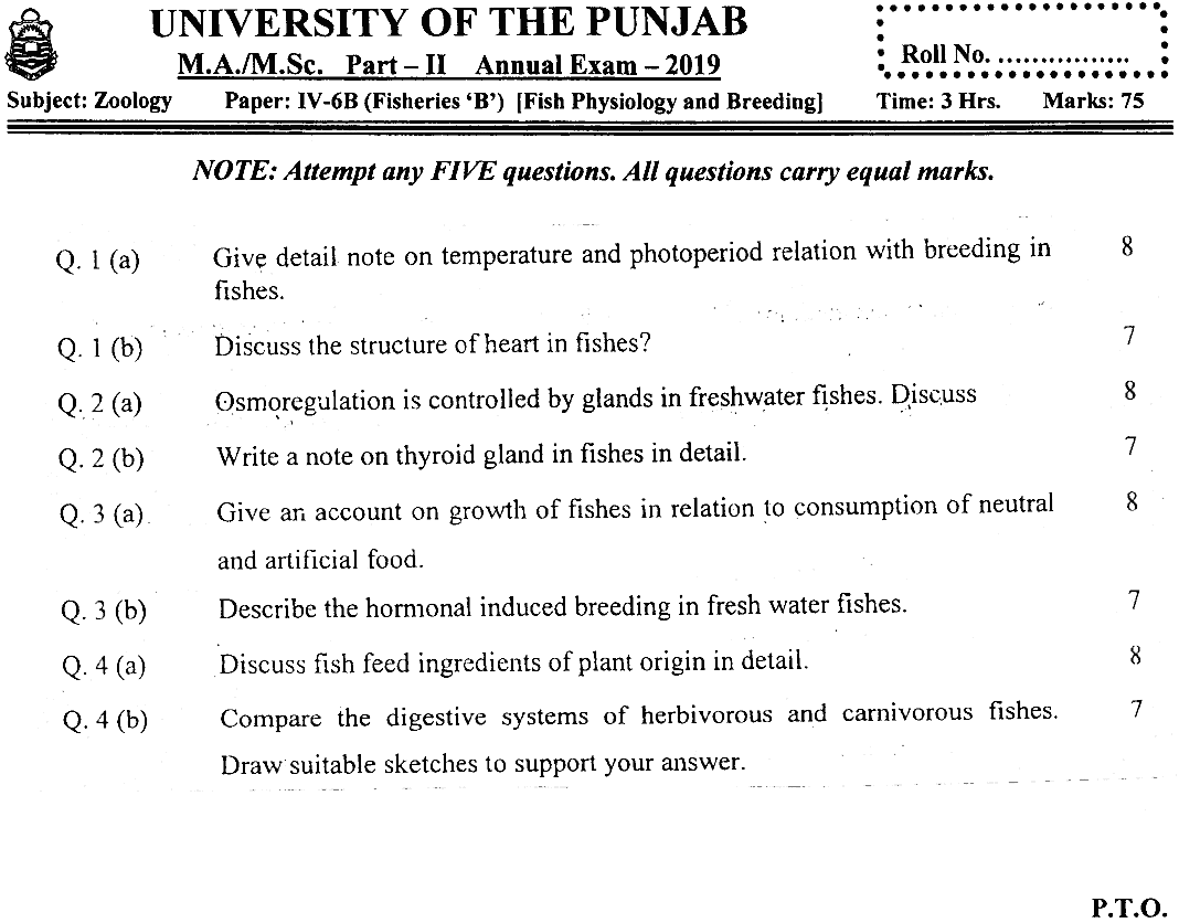 MSc Part 2 Zoology Fish Physiology And Breeding Past Paper 2019 Punjab University Subjective