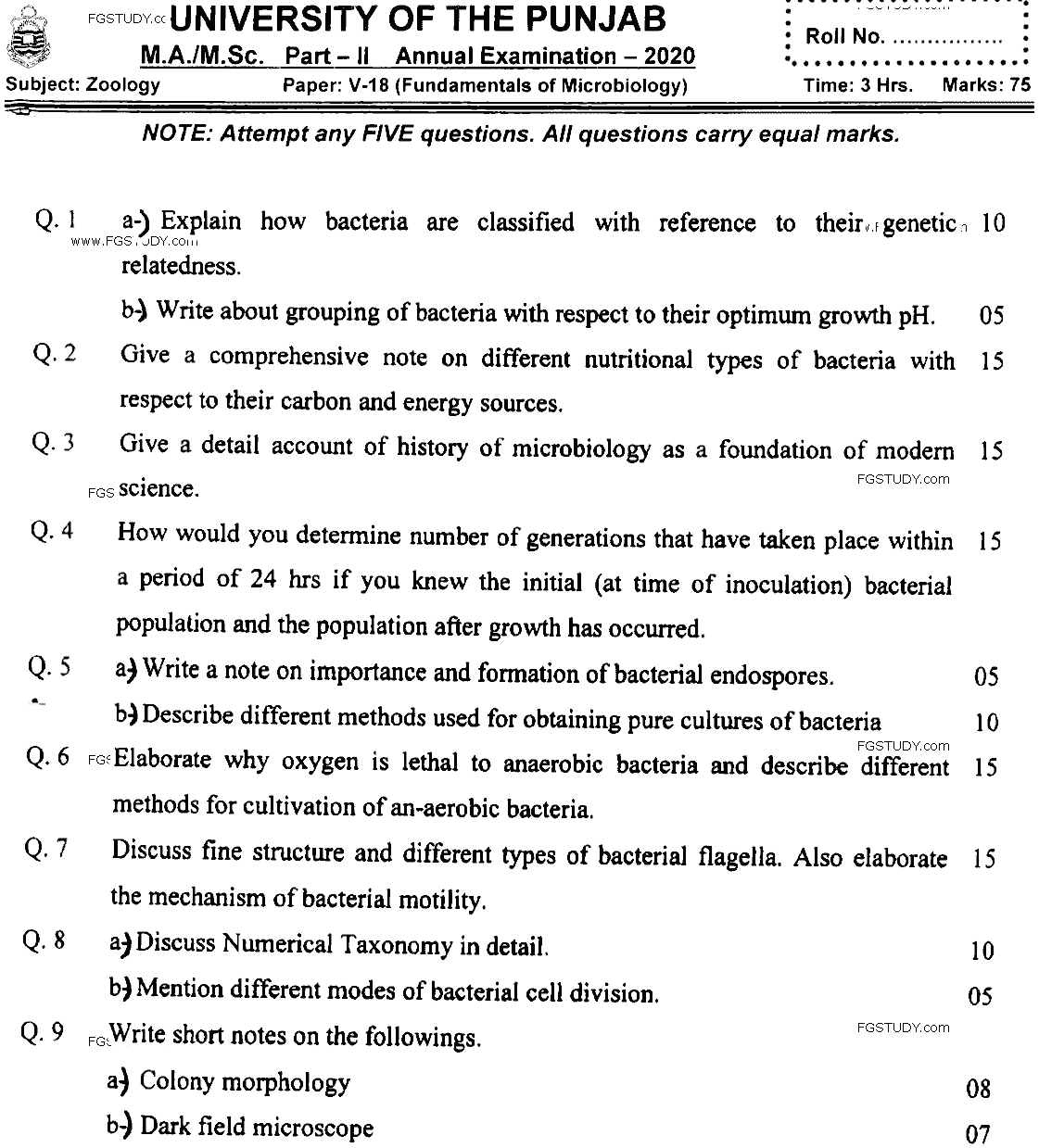 MSc Part 2 Zoology Fundamentals Of Microbiology Past Paper 2020 Punjab University Subjective