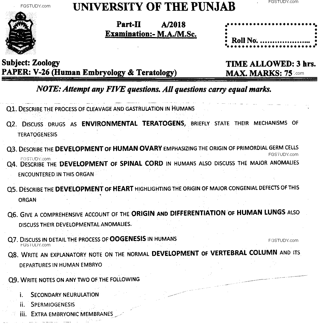MSc Part 2 Zoology Human Embryology And Teratology Past Paper 2018 Punjab University Subjective