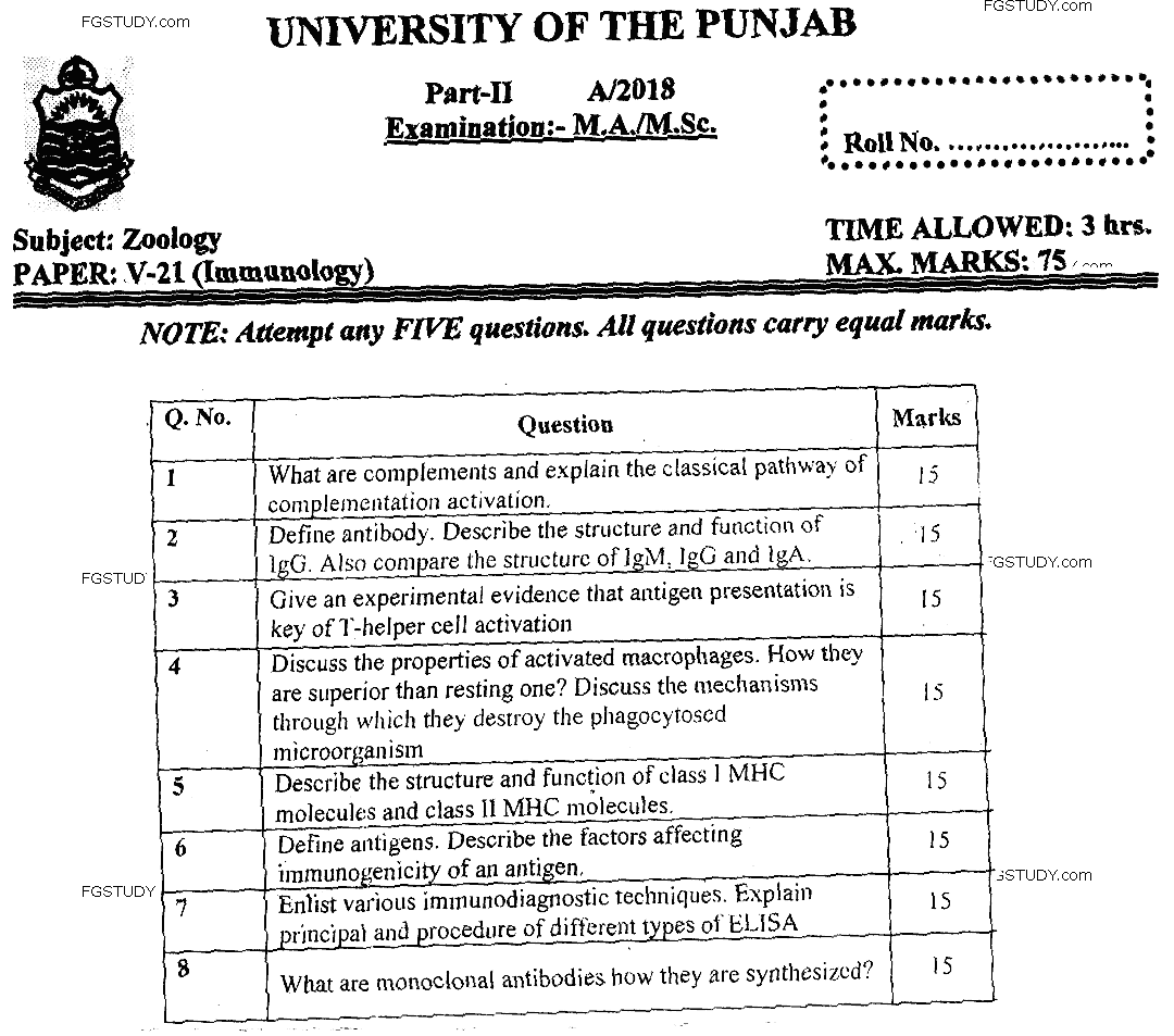 MSc Part 2 Zoology Immunology Past Paper 2018 Punjab University Subjective