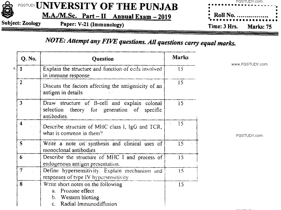 MSc Part 2 Zoology Immunology Past Paper 2019 Punjab University Subjective