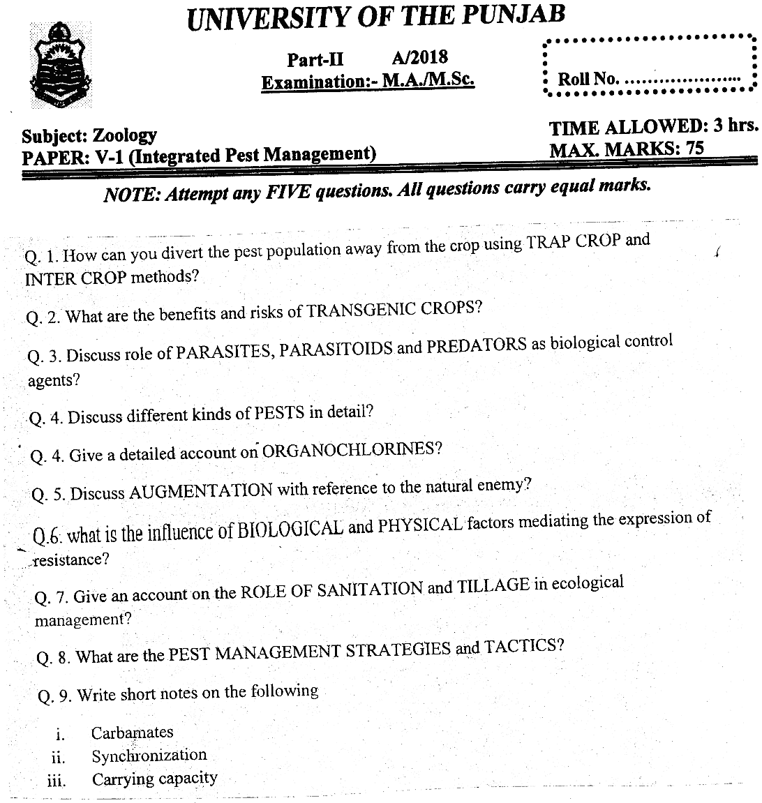 MSc Part 2 Zoology Integrated Pest Management Past Paper 2018 Punjab University Subjective