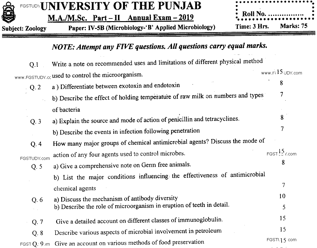 MSc Part 2 Zoology Microbiology B Applied Microbiology Past Paper 2019 Punjab University Subjective
