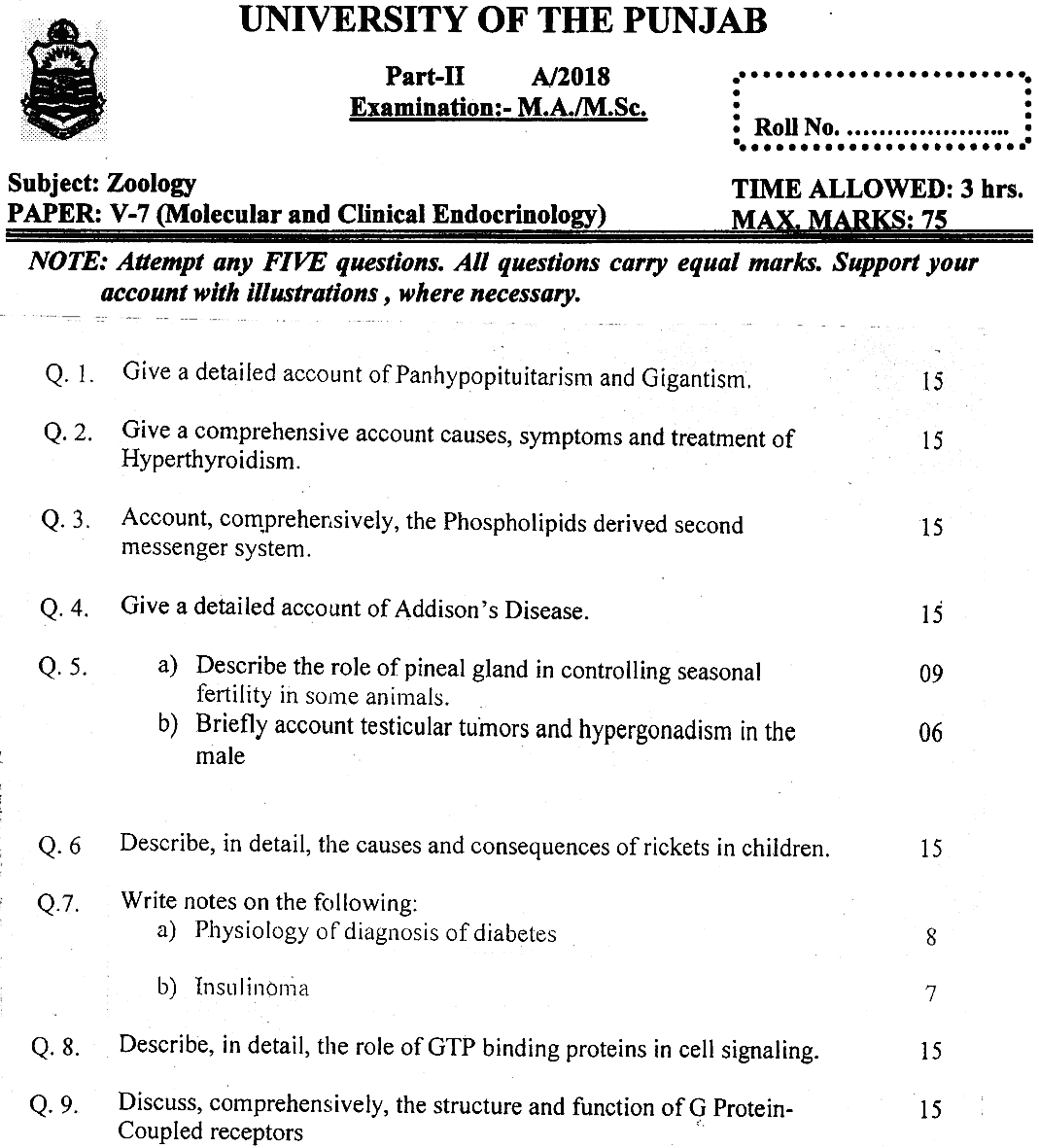 MSc Part 2 Zoology Molecular Clinical Endocrinology Past Paper 2018 Punjab University Subjective