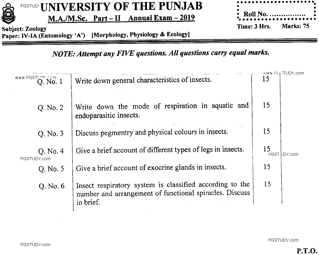 MSc Part 2 Zoology Morphology Physiology And Ecology Past Paper 2019 Punjab University Subjective