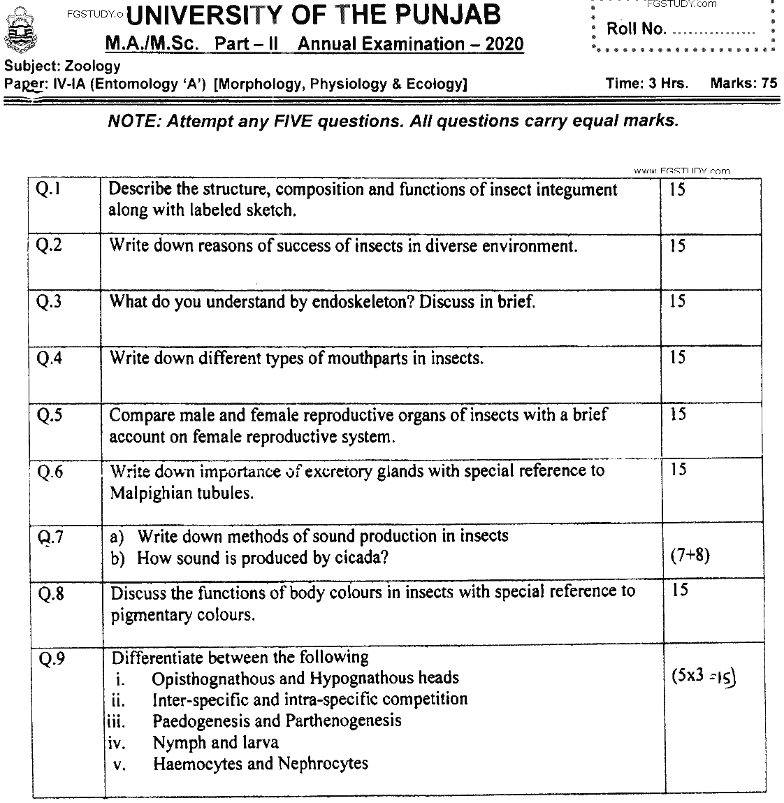 MSc Part 2 Zoology Morphology Physiology And Ecology Past Paper 2020 Punjab University Subjective