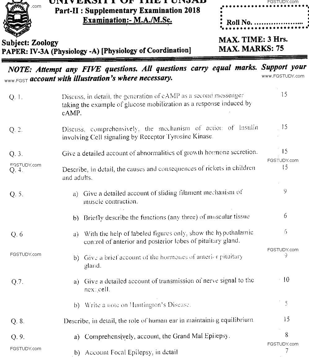 MSc Part 2 Zoology Physiology Of Coordination Past Paper 2018 Punjab University Subjective