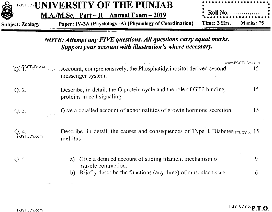 MSc Part 2 Zoology Physiology Of Coordination Past Paper 2019 Punjab University Subjective