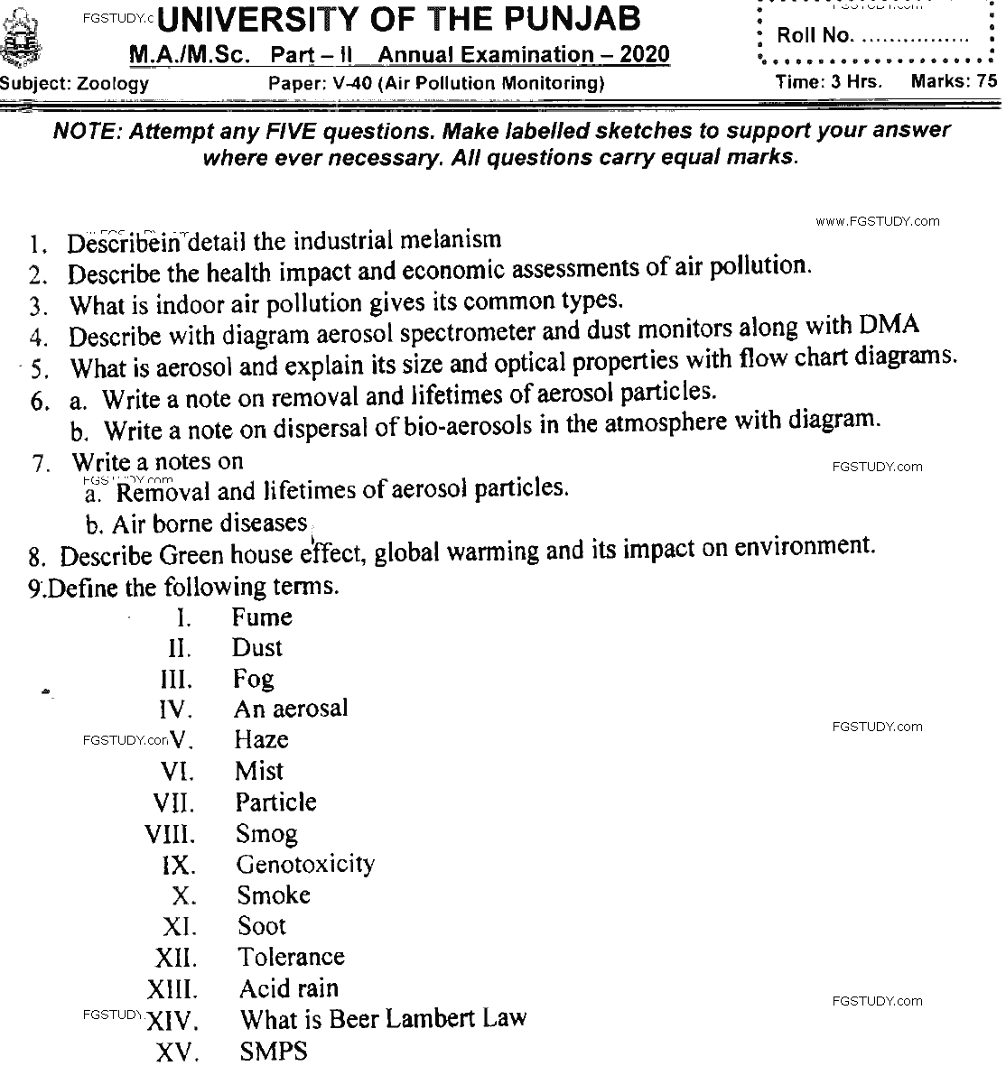 MSc Part 2 Zoology Pollution Monitoring Past Paper 2020 Punjab University Subjective