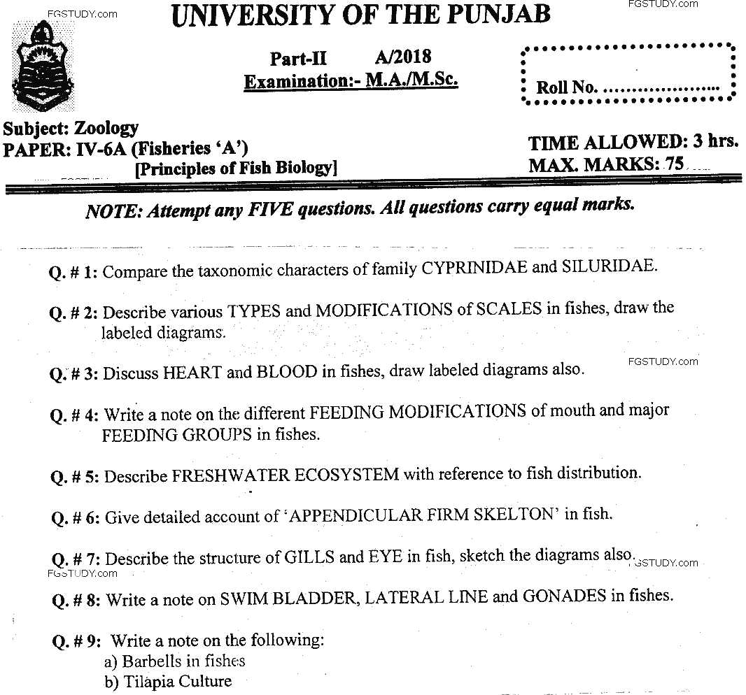 MSc Part 2 Zoology Principles Of Fish Biology Past Paper 2018 Punjab University Subjective