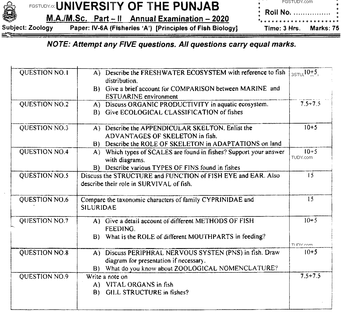 MSc Part 2 Zoology Principles Of Fish Biology Past Paper 2020 Punjab University Subjective