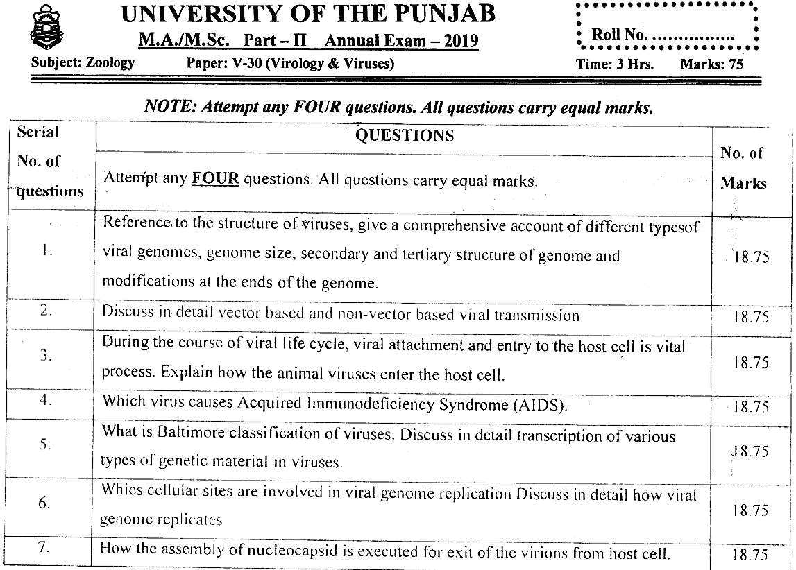 MSc Part 2 Zoology Virology And Viruses Past Paper 2019 Punjab University Subjective