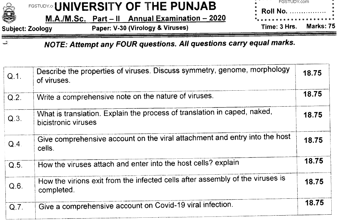 MSc Part 2 Zoology Virology And Viruses Past Paper 2020 Punjab University Subjective