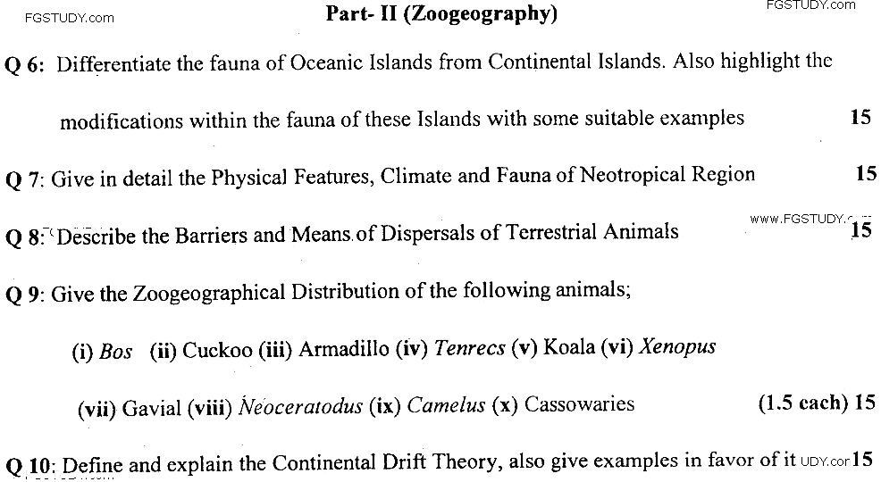 MSc Part 2 Zoology Zoogeography And Principles Of Palaeontology Past Paper 2019 Punjab University Subjective
