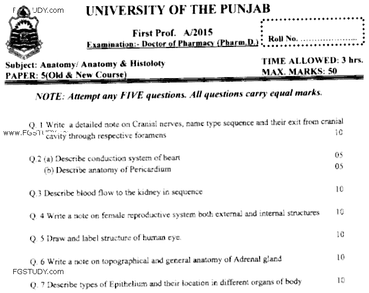 Doctor of Pharmacy Anatomy Past Paper 2015 Punjab University Subjective