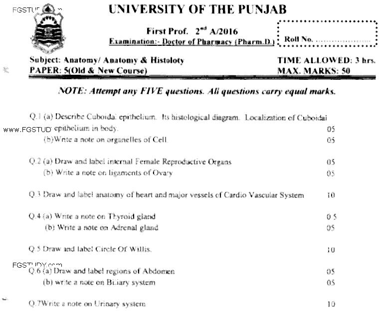 Doctor of Pharmacy Anatomy Past Paper 2016 Punjab University Subjective