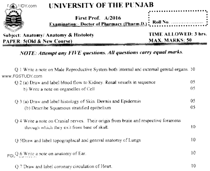 Doctor of Pharmacy Anatomy Past Paper 2016 Punjab University Subjective