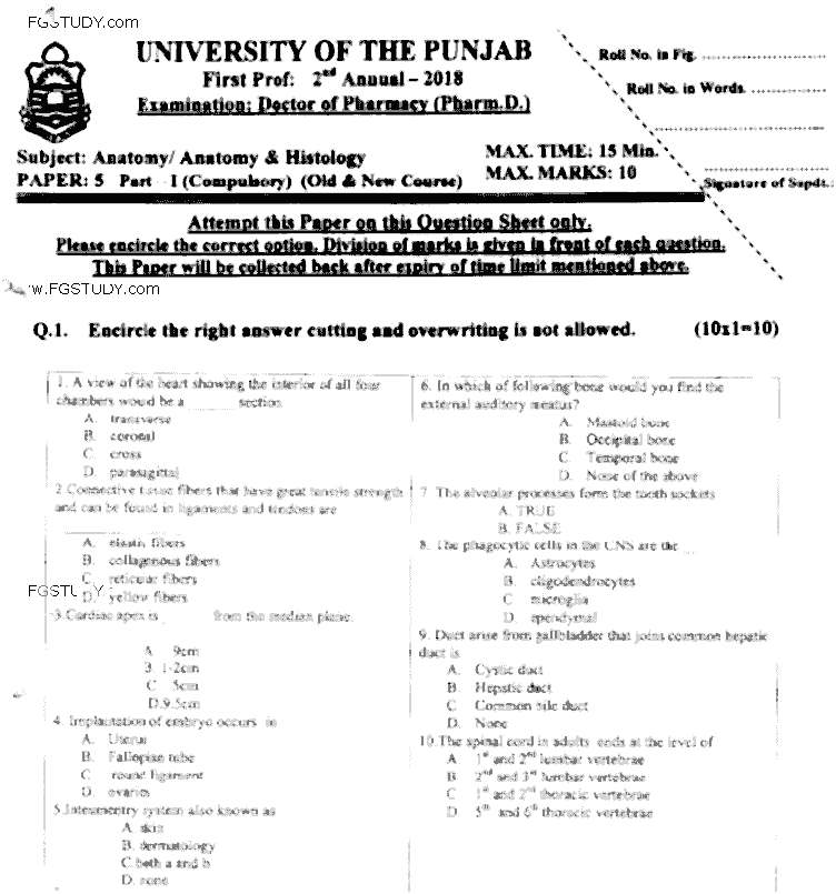 Doctor of Pharmacy Anatomy Past Paper 2018 Punjab University Objective