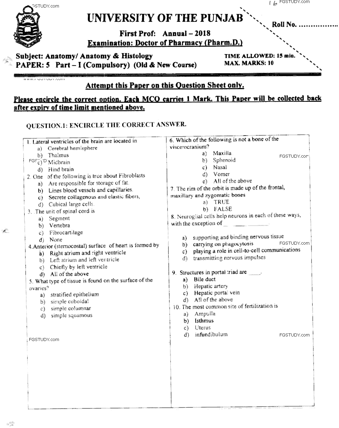 Doctor of Pharmacy Anatomy Past Paper 2018 Punjab University Objective