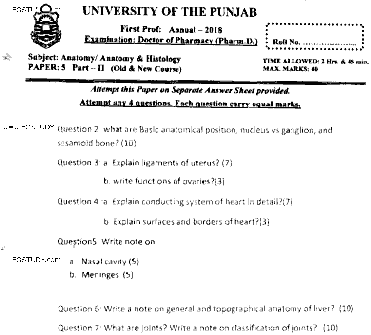 Doctor of Pharmacy Anatomy Past Paper 2018 Punjab University Subjective