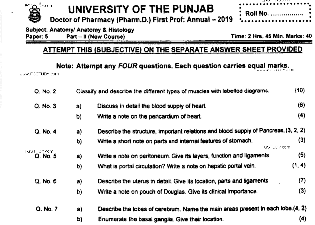 Doctor of Pharmacy Anatomy Past Paper 2019 Punjab University Subjective