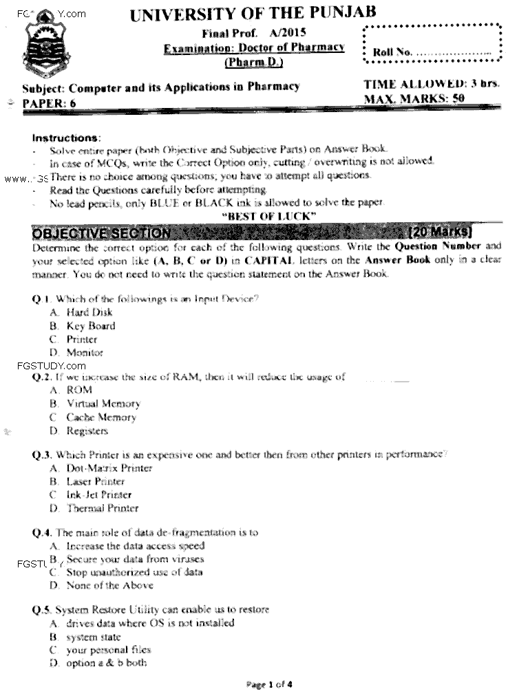 Doctor of Pharmacy Computer And Its Applications In Pharmacy Past Paper 2015 Punjab University Objective