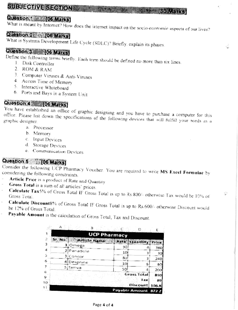 Doctor of Pharmacy Computer And Its Applications In Pharmacy Past Paper 2015 Punjab University Subjective