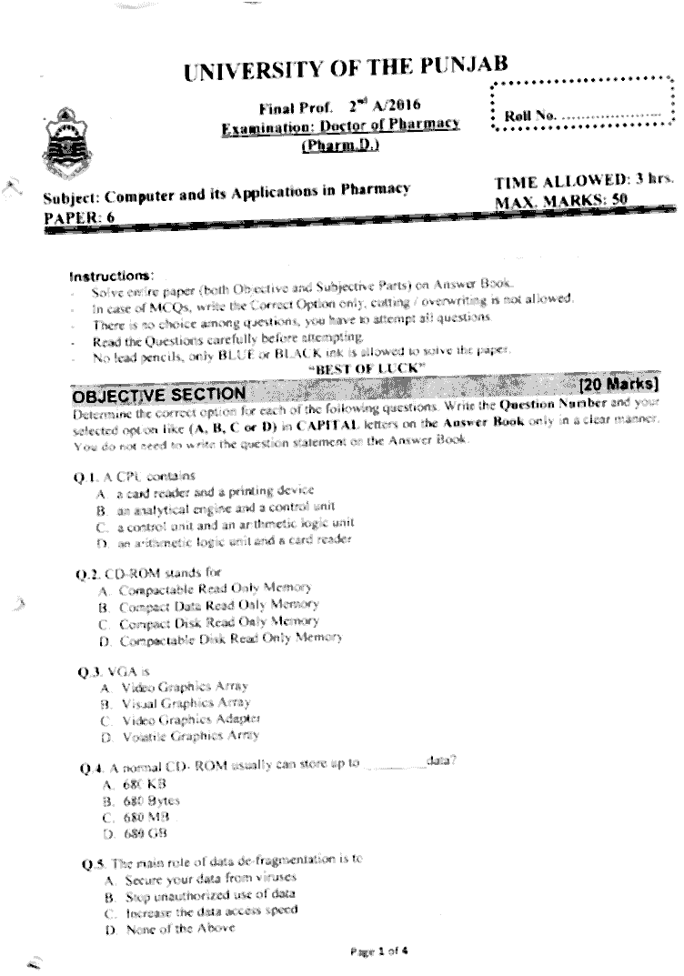 Doctor of Pharmacy Computer And Its Applications In Pharmacy Past Paper 2016 Punjab University Objective