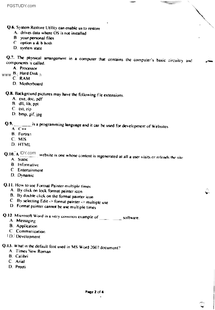 Doctor of Pharmacy Computer And Its Applications In Pharmacy Past Paper 2016 Punjab University Objective