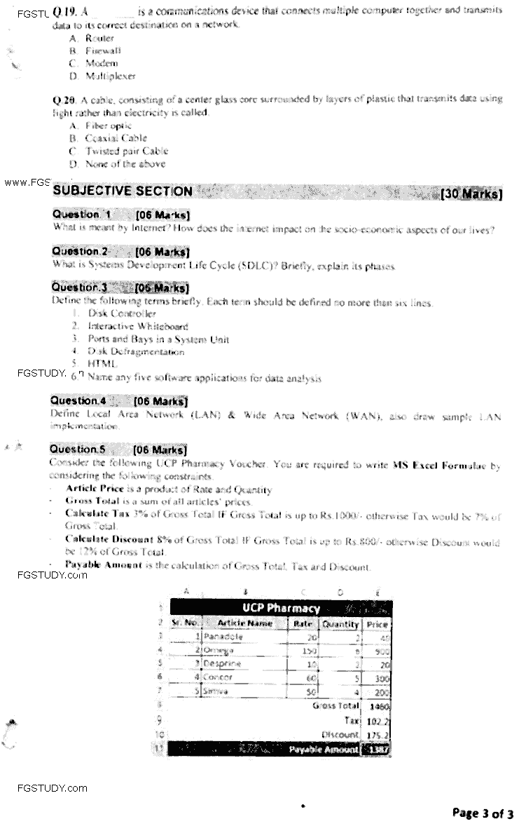 Doctor of Pharmacy Computer And Its Applications In Pharmacy Past Paper 2016 Punjab University Subjective