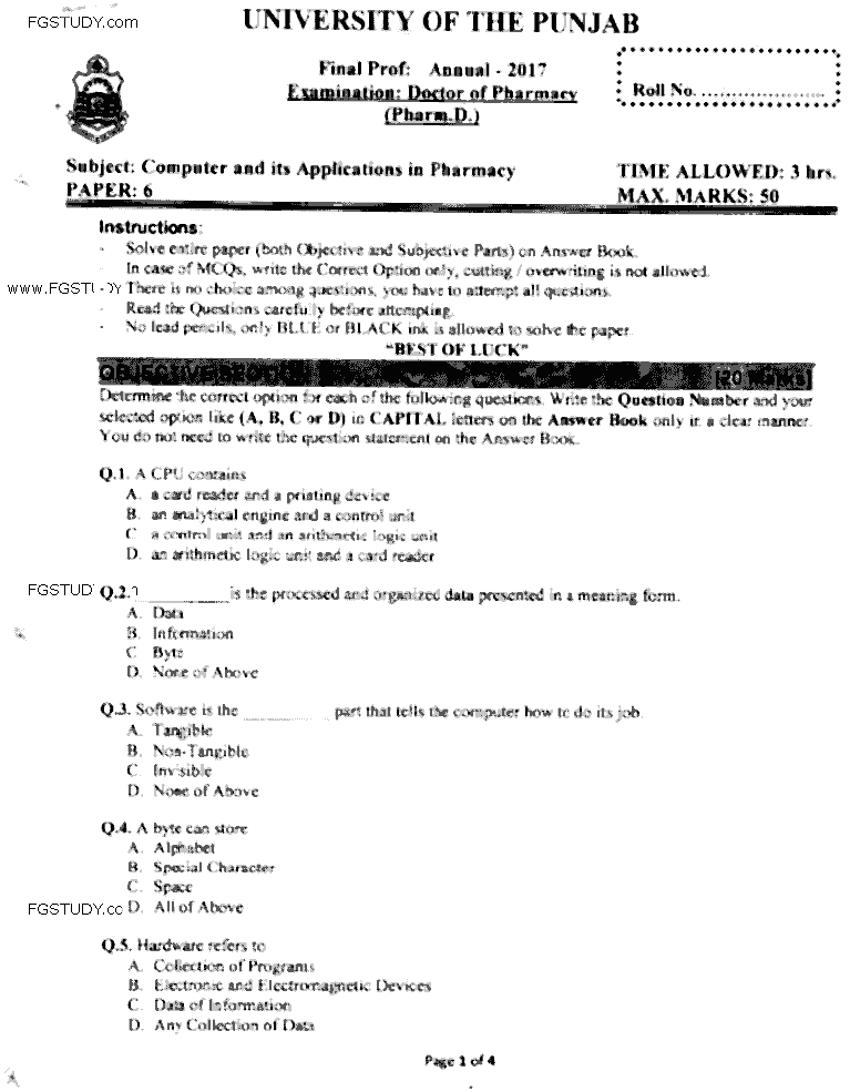 Doctor of Pharmacy Computer And Its Applications In Pharmacy Past Paper 2017 Punjab University Objective