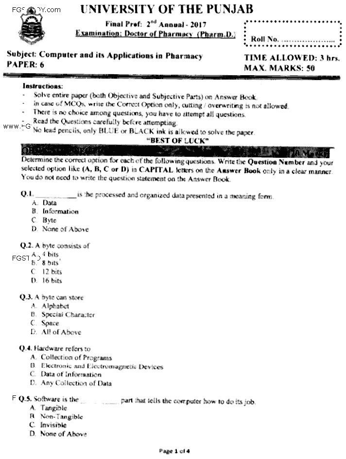 Doctor of Pharmacy Computer And Its Applications In Pharmacy Past Paper 2017 Punjab University Objective